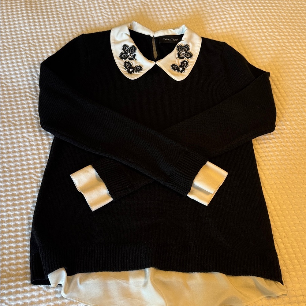 Ivanka Trump Black Top with White Embroidered Collar - Picture 9 of 11